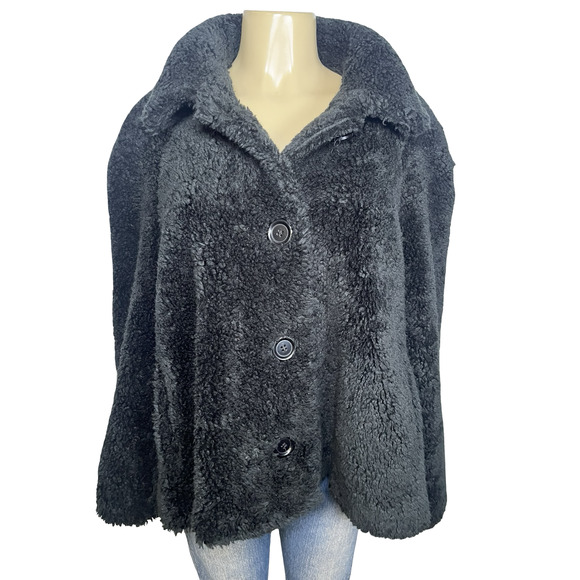 John Caruana Coat Womens Large Black Faux Fur Teddy Button Front Lined Made USA - Picture 1 of 14